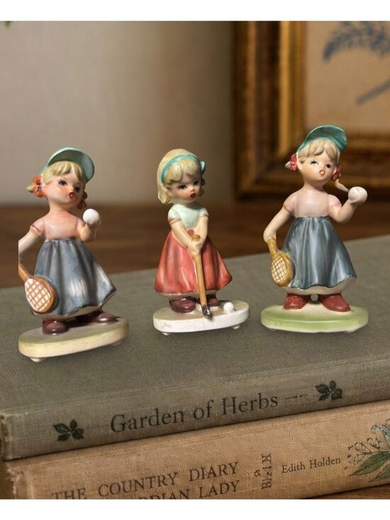 napco Other - Vintage NAPCO Ceramic Figurines Set Of 3 Girls Sports Theme Tennis Golf Figurine